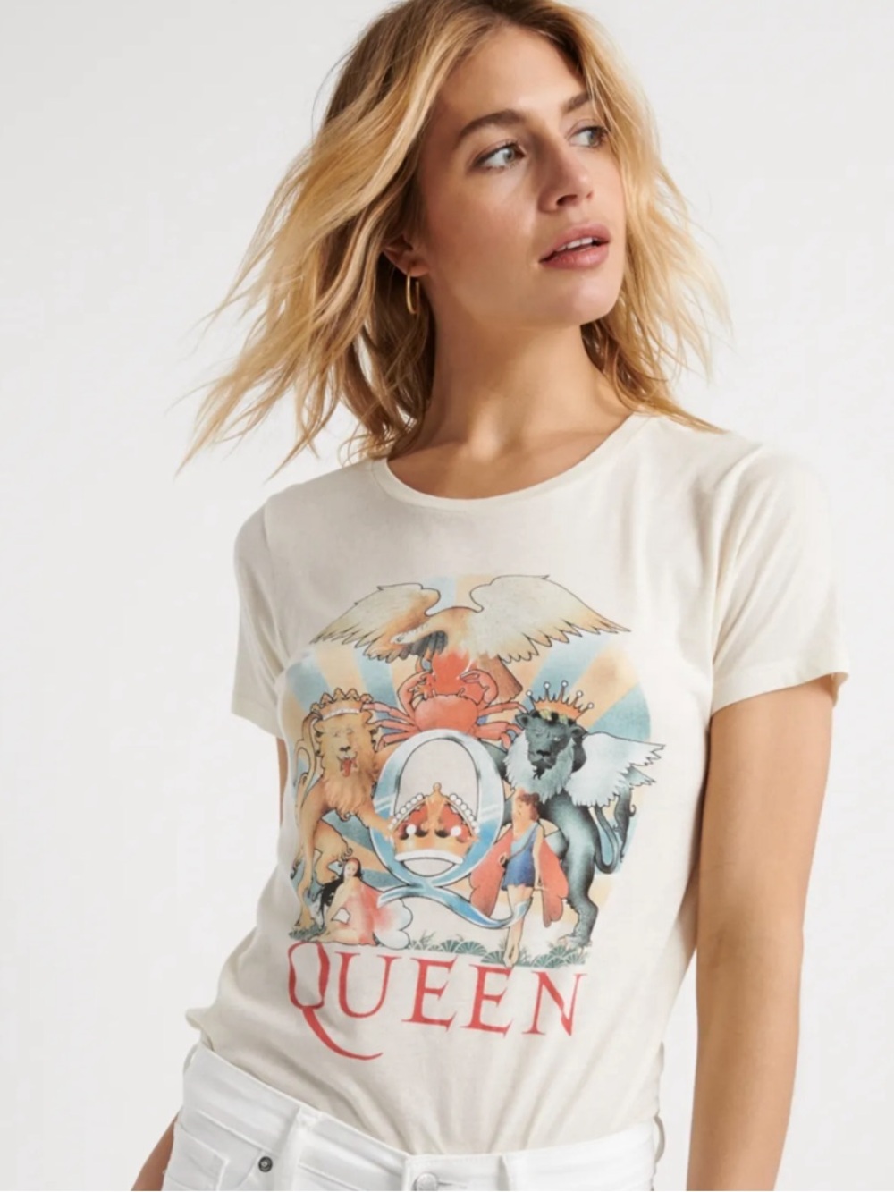 LUCKY BRAND Queen Logo Retro Rock and Roll Cream Shirt Sleeve Tee Sz Small